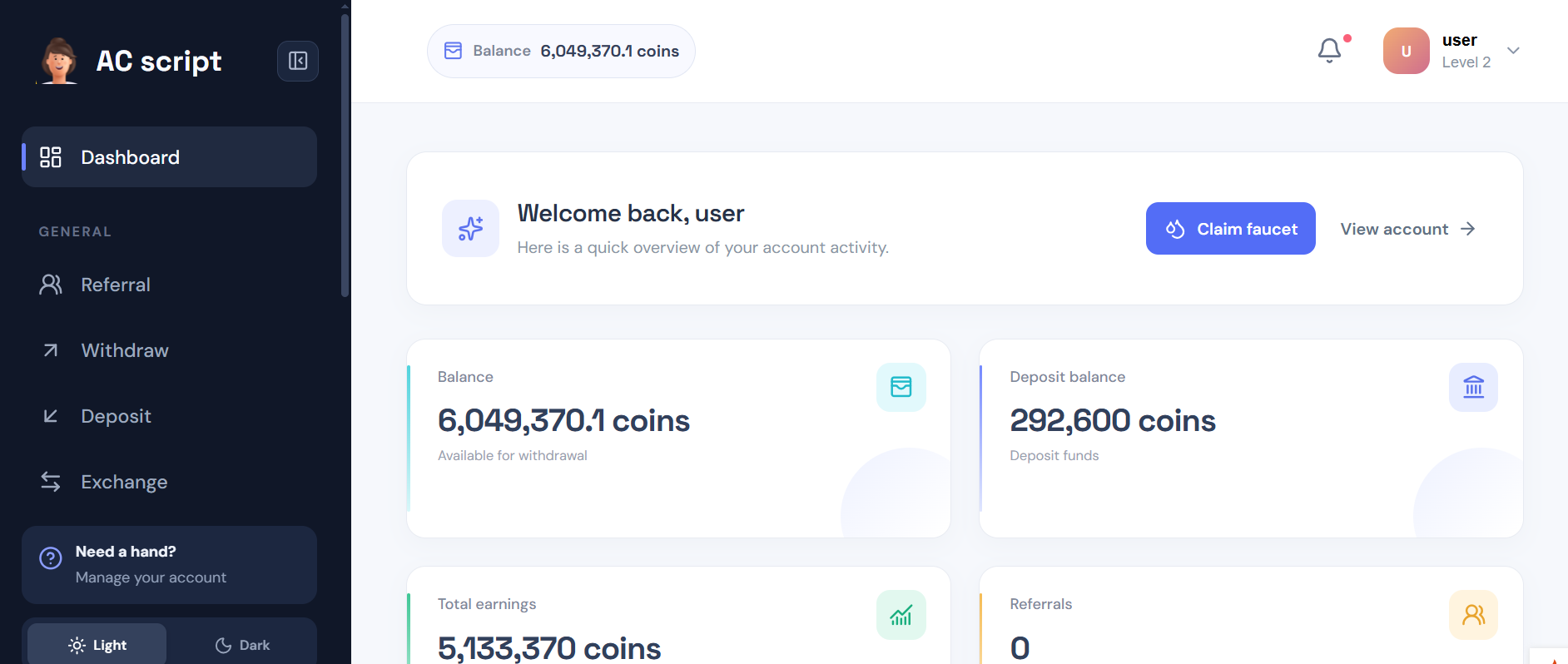 GainFaucet member dashboard preview
